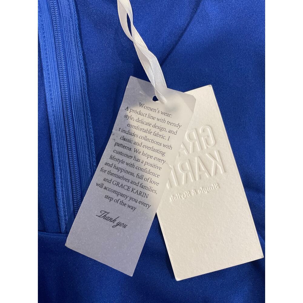 Grace Karin Blue Asymmetrical Ruched Ruffle Dress Queen Anne Neckline NWT Size M - Picture 7 of 8